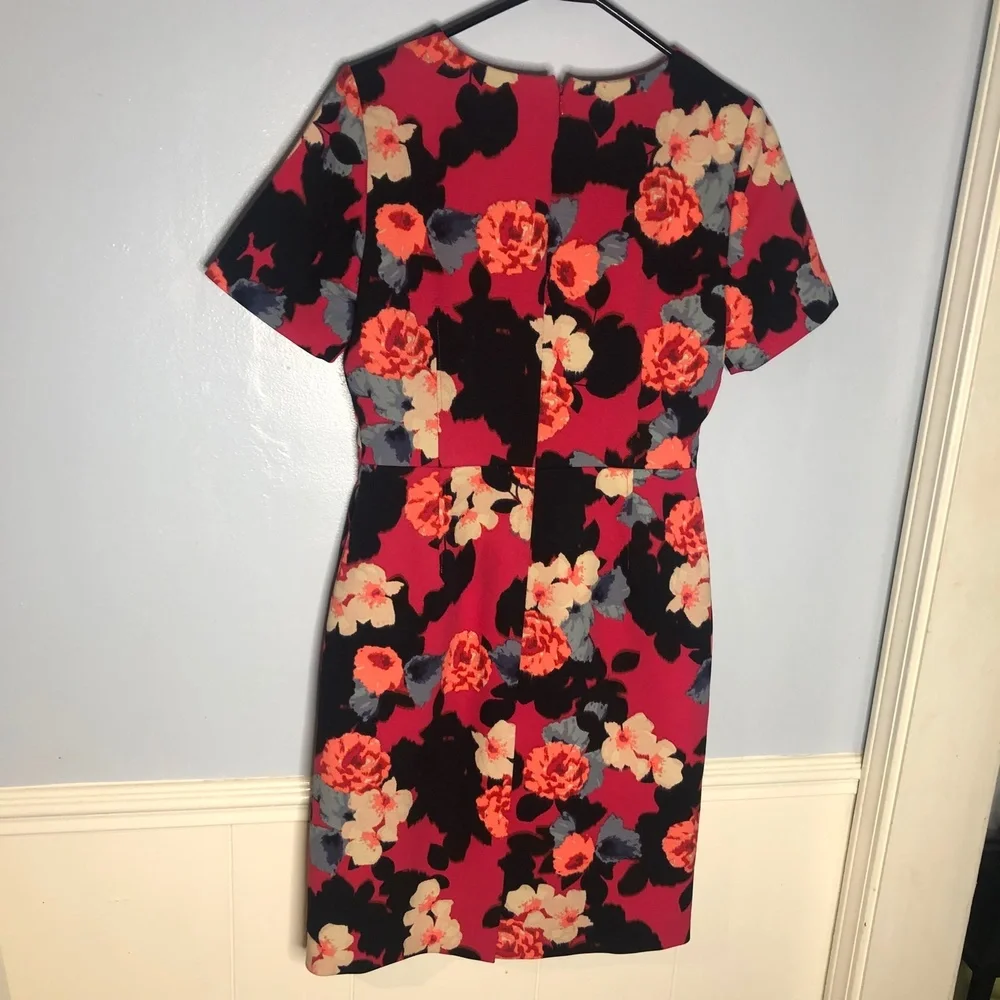 J Crew Dress Womens 6 Magenta Navy Coral Ivory Floral Crepe Short Sleeve Sheath